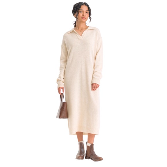 Tahari Taupe Oatmeal Polo Collar Long Sleeve Loose Fit Knit Sweater Dress Large - Picture 1 of 15